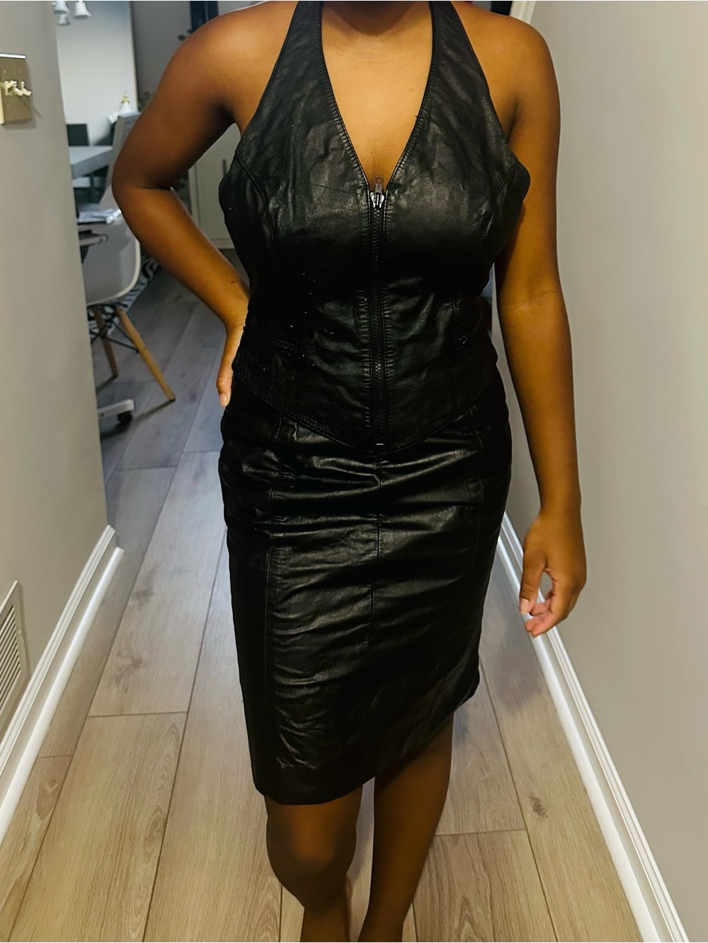 Wilson’s leather-Black real Leather Halter Zip Front Vest and pencil skirt set